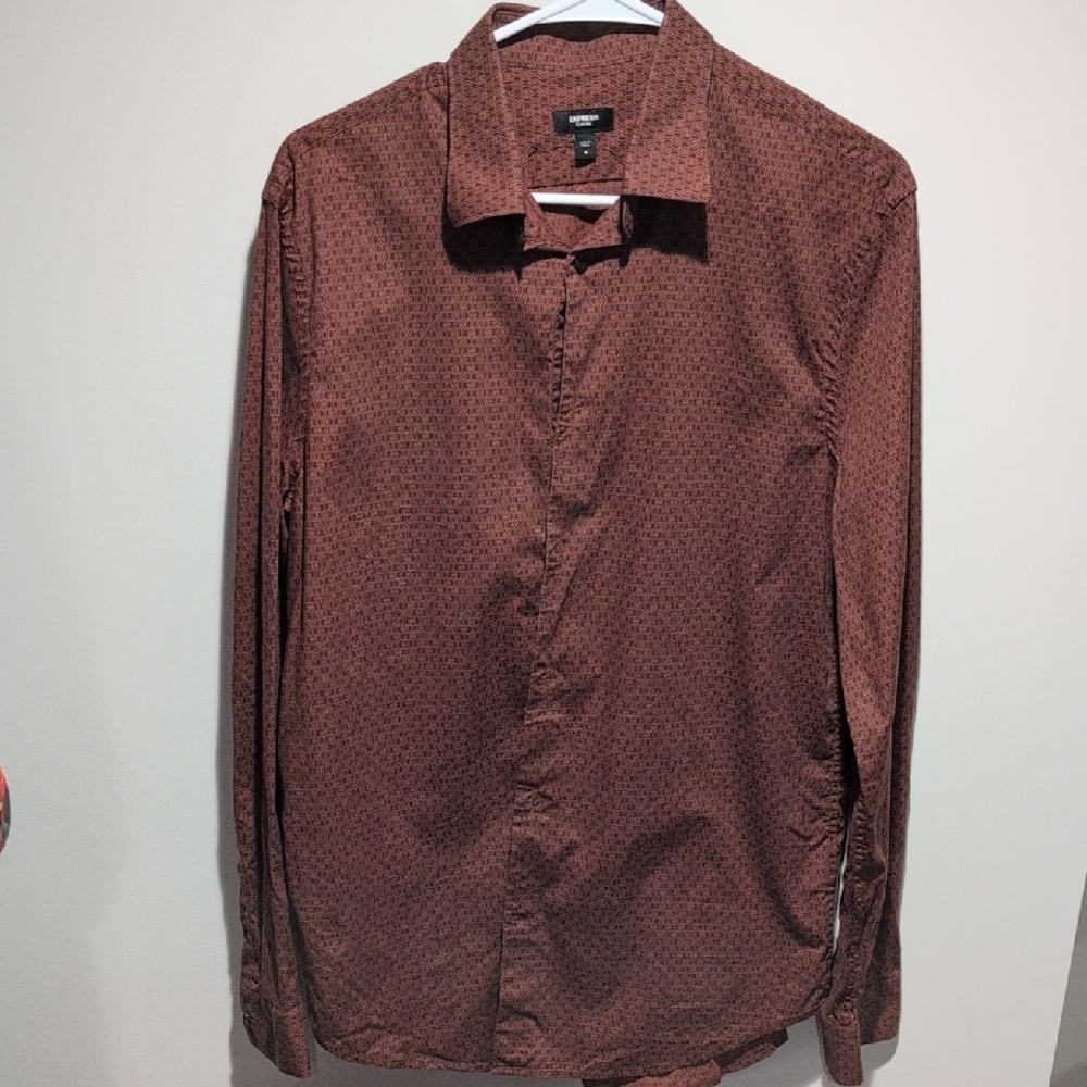 Express Men's Long-Sleeve orange And Black Microprint Dress Shirt